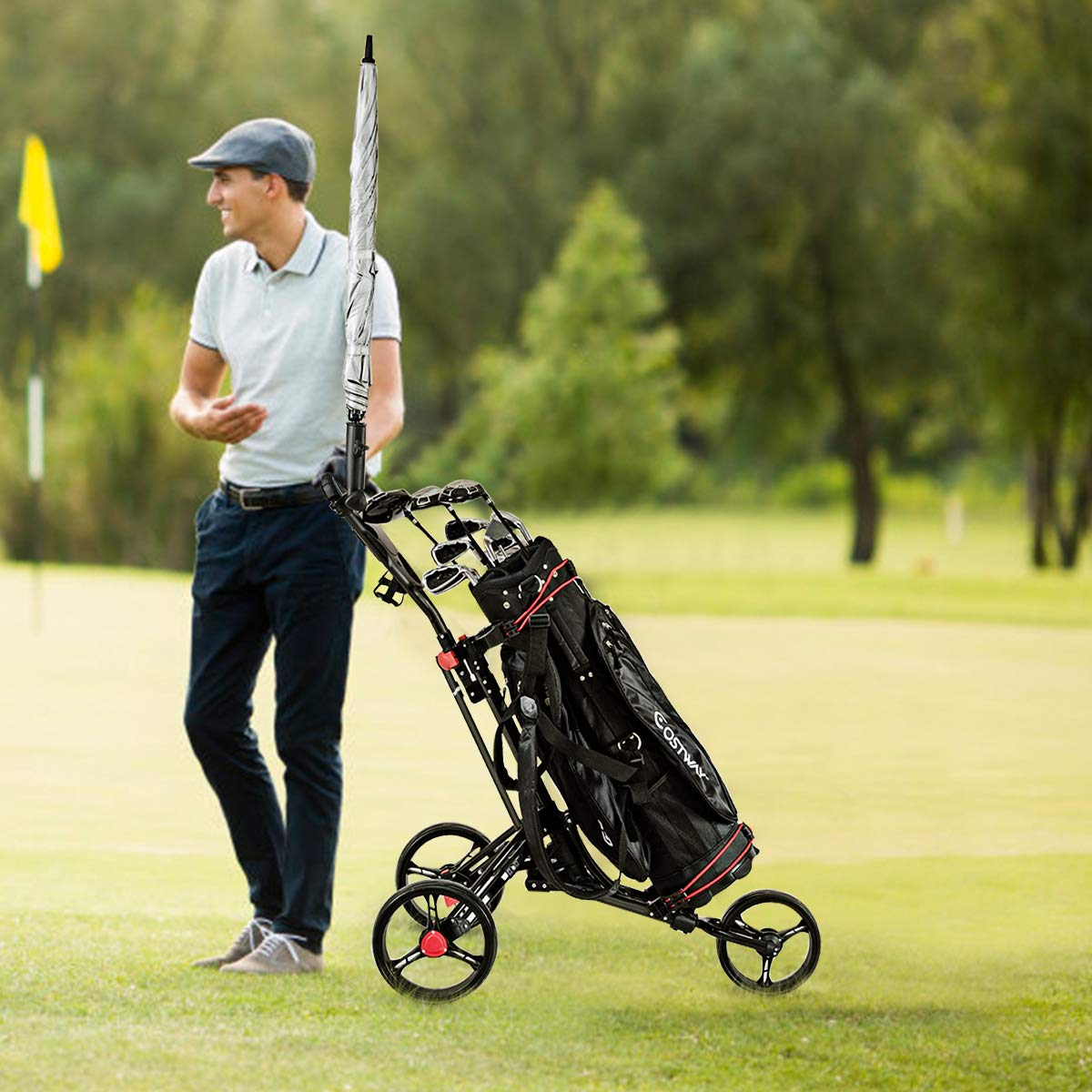 DREAMADE Golftrolley Golfwagen klappbar, Golfcart aus Aluminium mit schnellem Klappmechanismus, 3-Rad-Gofwagen mit Bremse Anzeigetafel Regenschirmhalter Basis, Schwarz