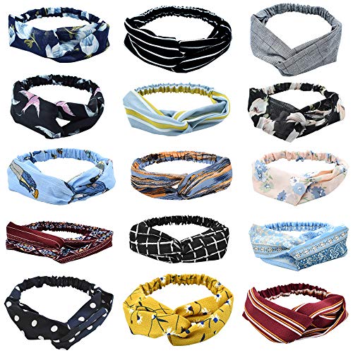 Sonku 15 Pack Headbands for Women Girls, Wide Flower Printed Boho Twisted Criss Cross Elastic Knotted Hair Band Accessories