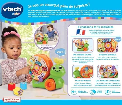 VTech Rouli Escargot Maxi Découvertes Jouet à Tirer 2 en 1 Trieur de Formes Jeux d'Éveil Escargot à Promener Jouet Musical et Interactif Cadeau Enfant Dès Contenu en Français - vue 8