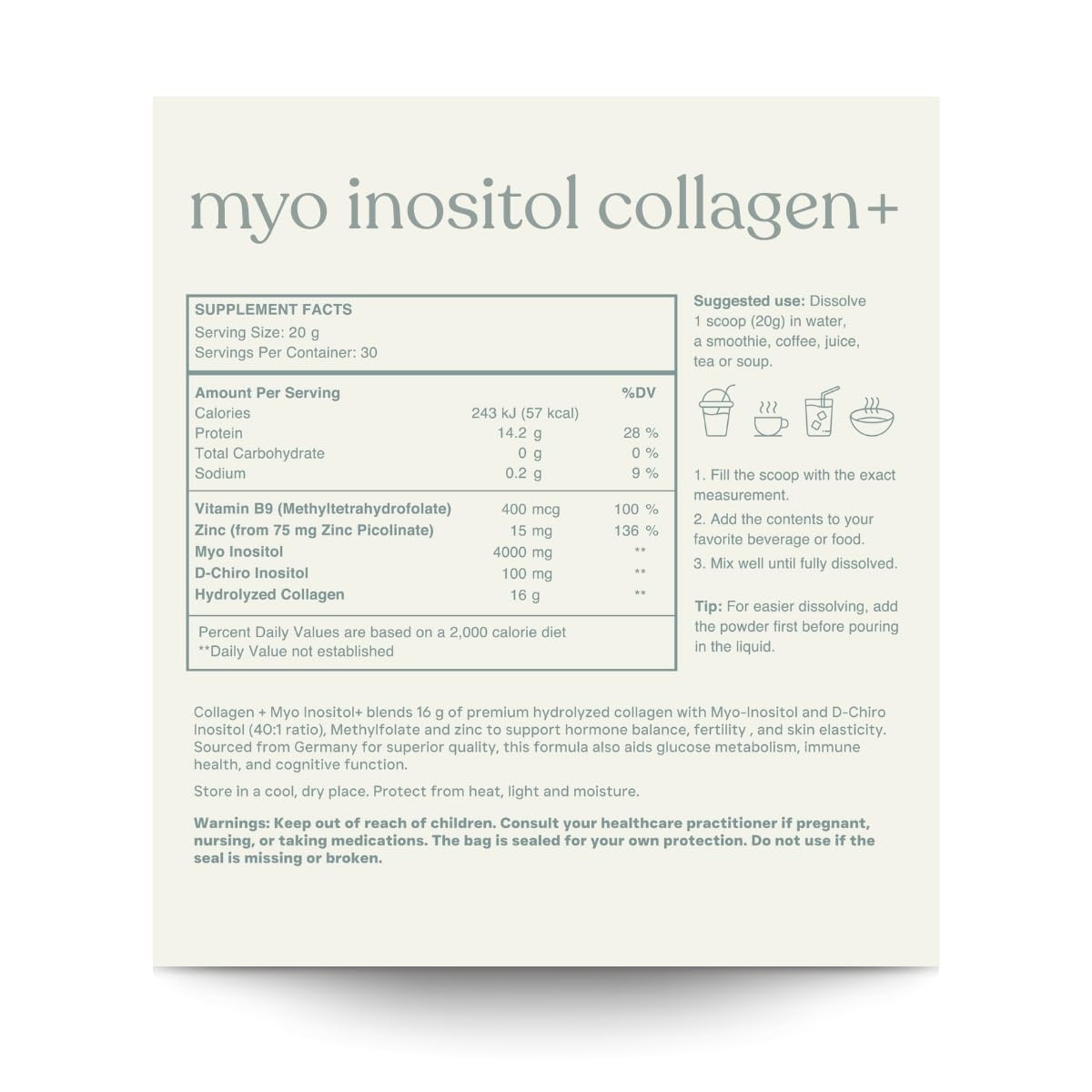 MYO INOSITOL Collagen+ 600 g Unflavored | Myo-Inositol & D-Chiro Inositol (40:1), Hydrolyzed Collagen, Folate, Zinc & Vitamin B6| Hormonal Balance, Fertility, Skin, Hair & Nail Support — Amazon image 2
