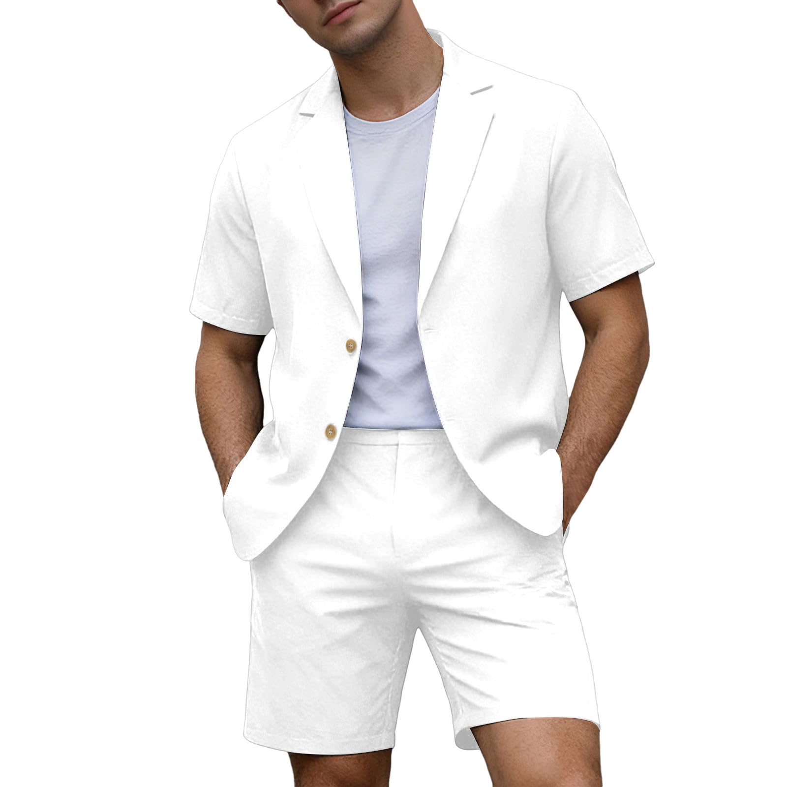 Générique Costume 2 Pièces Pour Homme Avec Veste À Manches Courtes Et Pantalon Court Pour Homme - Léger Sportif - Tenue Décontractée Pour L'Été, La Plage, Les Garçons D'Honneur, Le Mariage