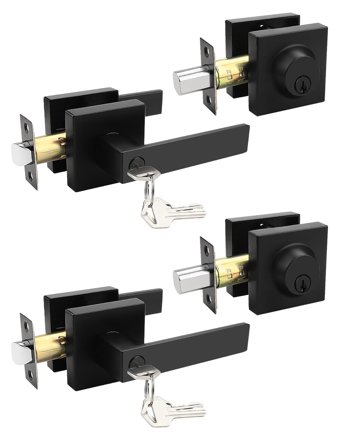 Tinewa Square Keyed Alike Front/Exterior Door Levers with Single Cylinder Deadbolt, Flat Black Entry Door Knob Lock Sets with Deadbolt Combination Sets, for Entrance/Front and Office Doors，2 Pack