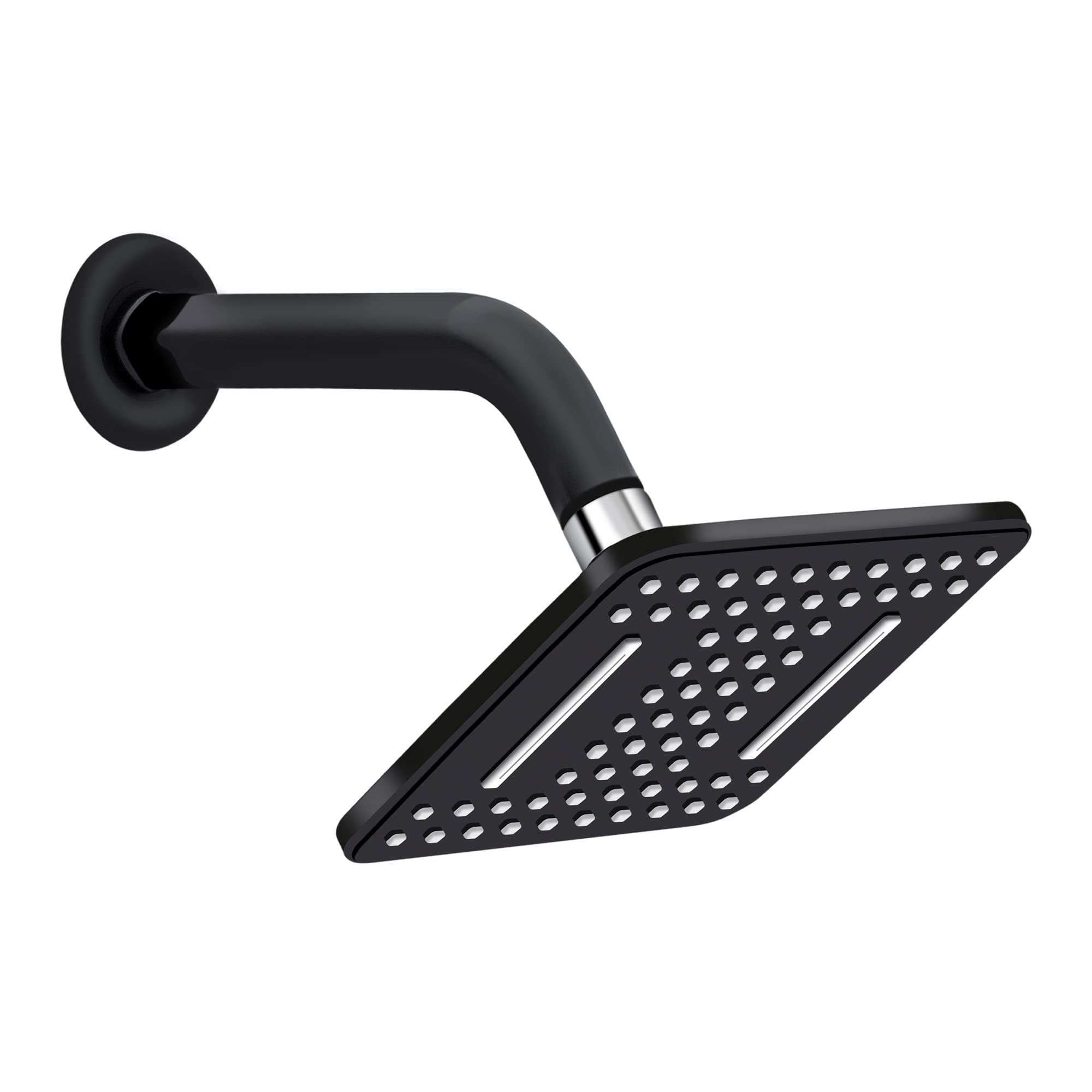 Rocio Slim Square Rain Shower Head for Bathroom with 9 Inch Shower Arm and Wall Flange, Wall Mount Premium Black Finish with White Nozzles Showerhead, 6 x 6 Inch (Black & White)