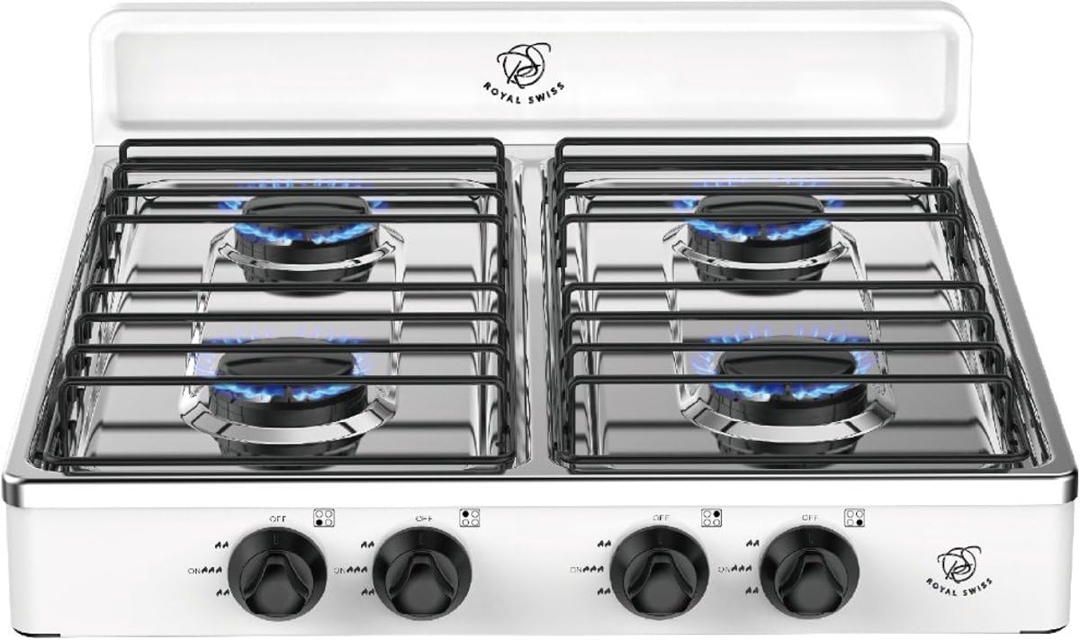 Royal Swiss Kuchenka gazowa z 4 palnikami, 2,2 kW, 100% LPG, przenośna kuchenka gazowa, wytrzymała metalowa obudowa, bezpieczny zapłon, kuchenka zewnętrzna i wewnętrzna