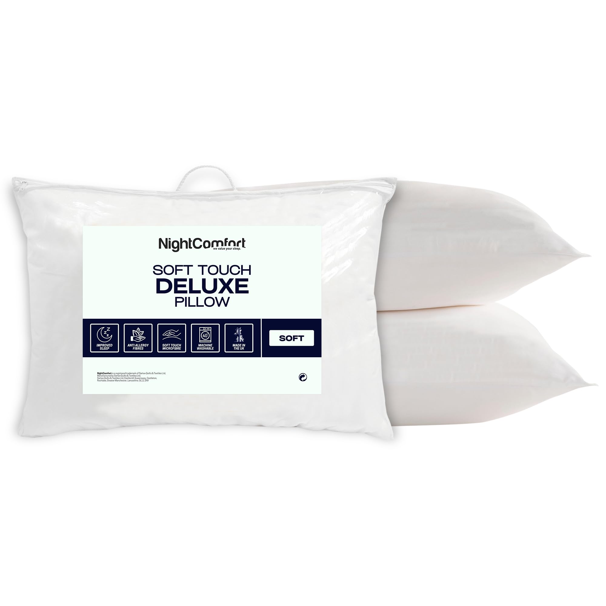 Night Comfort Deluxe Feels Like Down Anti-Allergy White Pillow Pack of 2 - Soft Touch Hypoallergenic Soft Support Pillows for Stomach Sleepers Filled with Bouncy Hollowfibre (46cm x 74cm)