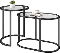Permory Glass Coffee Table Set of 2 - Modern Black Nesting Side Tables, Tempered Glass & Sturdy Steel Frame for Living Room