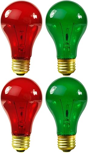 Paquete de 4 bombillas de 25 vatios A19 de color rojo y verde incandescente de base media para fiesta, bombilla roja, verde