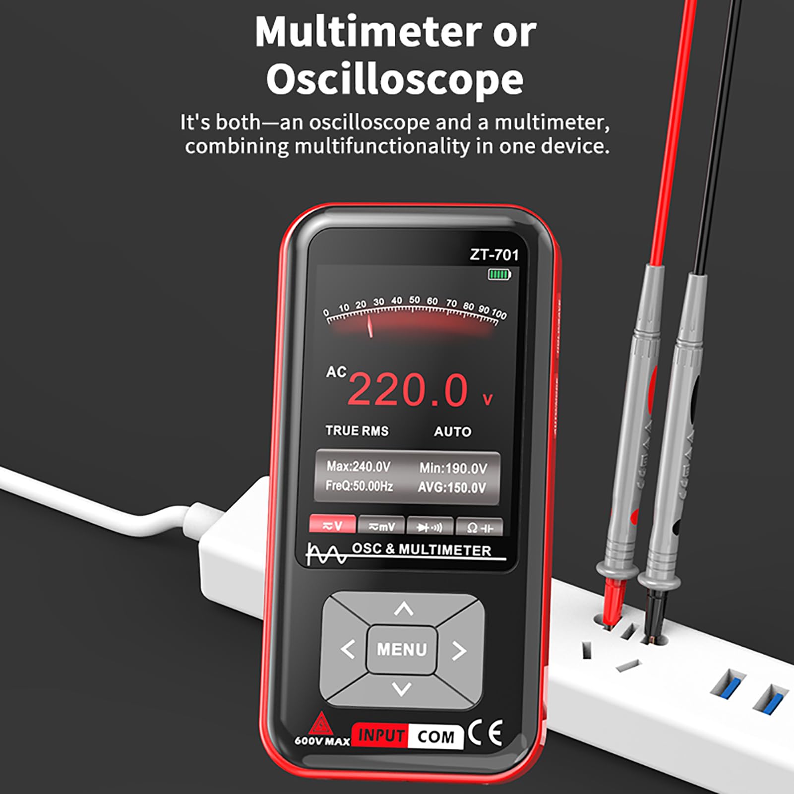 Denash Multímetro Digital Inteligente, 1 Canal 5mhz 48MS S 300V MAX USB CONEXIÓN, AC DC 600V RMS RMS RMS Hold, Análisis de Forma de Onda, Ahorro de Datos, Pantalla IPS de 3.2 Pulgadas (ZT-701)