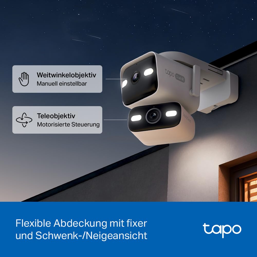 Tapo C575D 4K Überwachungskamera Außen mit Dual-Objektiv, 170° Ultraweitwinkel, 8mm Teleobjektiv, PoE/DC, Dualband-WLAN, kostenlose lokale KI-Erkennung, microSD/H500 Hub, IP66, 2026 Flaggschiff