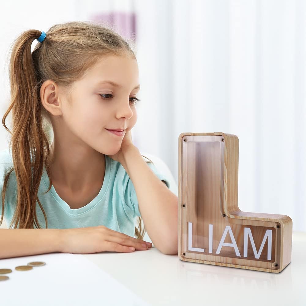 Custom Letter Wooden Piggy Bank for Boys Girls Kids Adults Storage Tank Personalized Coin Bank Alphabet Money Box Christmas Birthday Gifts