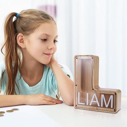 Miniatura 5 de Alcancía de madera con letras personalizadas para niños, niñas, niños, adultos, depósito de almacenamiento personalizado, monedas, alfabeto, caja de
