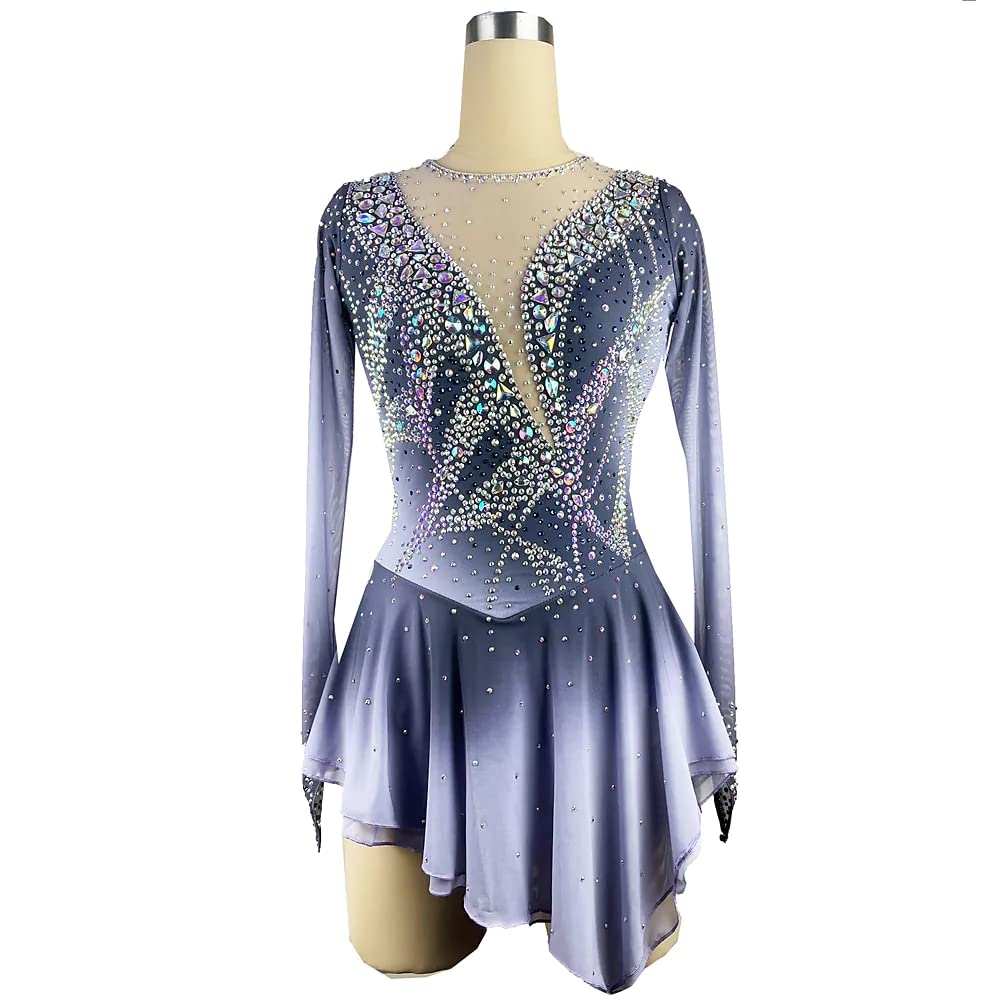 Professionelles Eislauf Kleid Für Mädchen Handgefertigtes Eiskunstlauf Wettbewerb Kostüm Langärmliges Farbverlauf Silber Netzrock Für Rhythmische Gymnastik Strasssteine Rollschuhlaufen