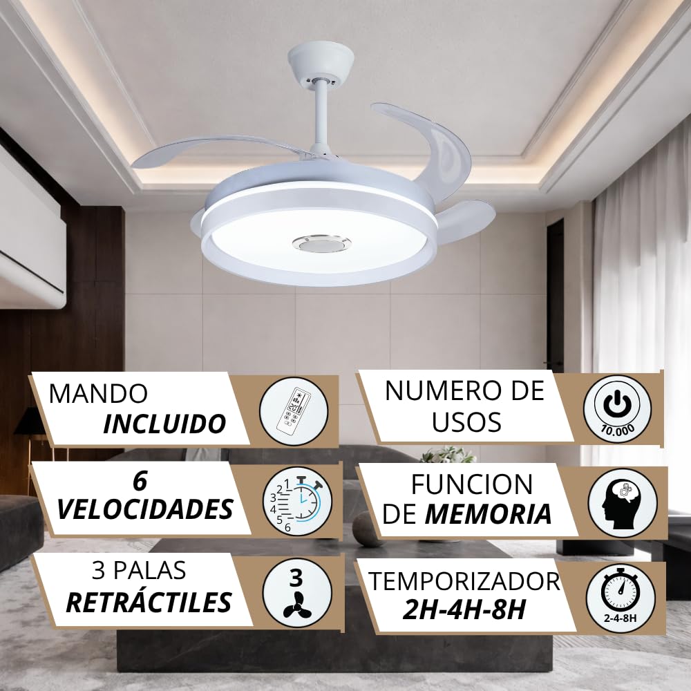 NARVI Ventilador de Techo CANNES con Luz LED RGB y Altavoz Bluetooth | Motor DC Silencioso 45W, APP Móvil, Mando a Distancia, 3 Aspas Retráctiles, Invierno Verano