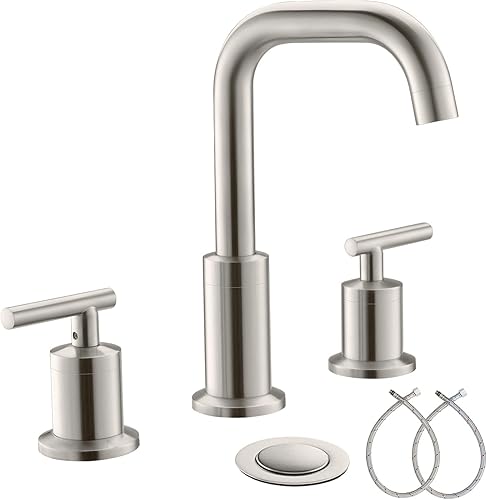 Phiestina WF002-1-BN - Grifo de fregadero de baño de 8 pulgadas sin plomo y 3 piezas, 2 asas, con drenaje desplegable y válvula de cobre completo,