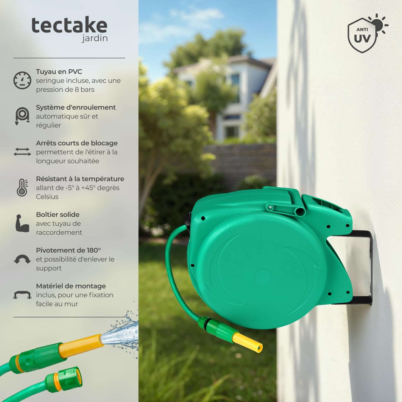 tectake® Enrouleur tuyau arrosage Dévidoir mural Enroulage automatique régulier avec guidage Tuyau arrosage 10m et Lance à eau inclus, Support mural pivotant à 180°, Dévidoir Jardin Jardinage Terrasse