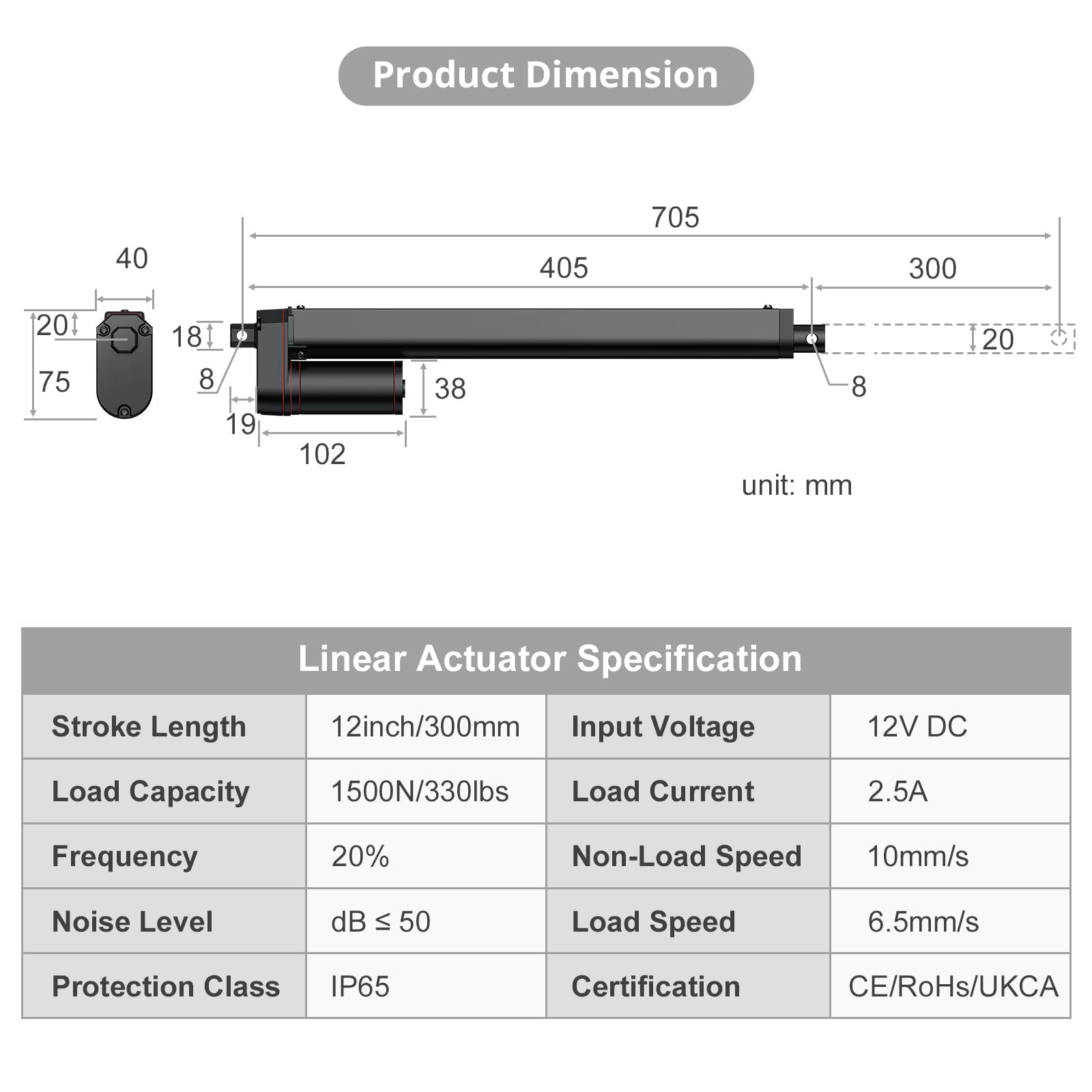 Justech 330LBS/1500N-12inch/300mm 12V Linear Actuator with Bracket, Black — Amazon image 5