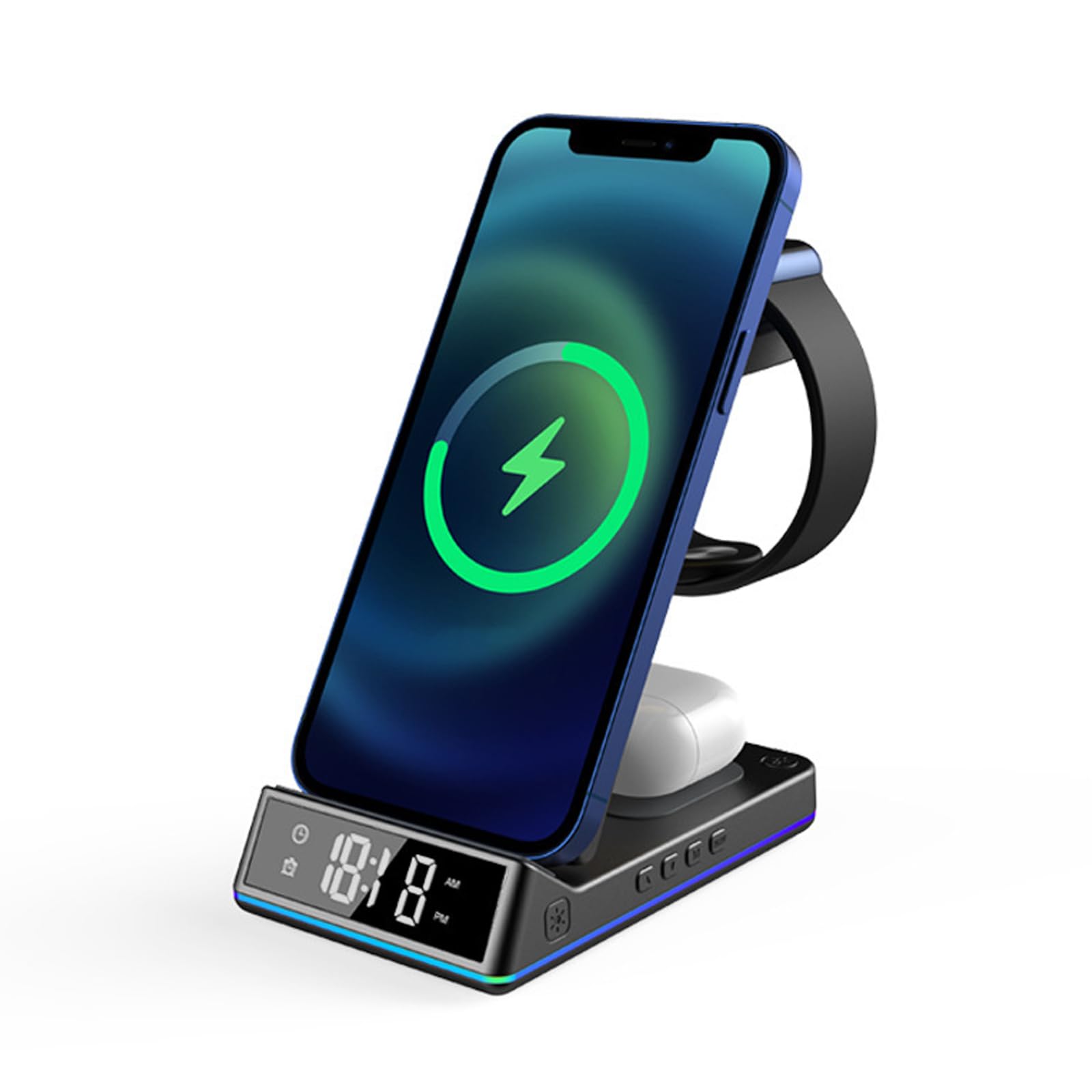 Support de charge pour téléphone, montre, écouteurs, station de charge pliable sans fil avec veilleuse, horloge et alarme