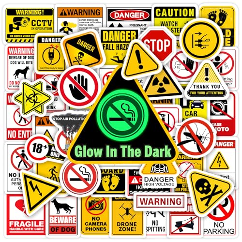 Glow in The Dark Safety Warning Signs Stickers for Water Bottles, 70 Pcs Kids Game Vinyl Waterproof Decals for Laptop, Skateboard Scrapbooking Decor for Teens Girls Boys Adults