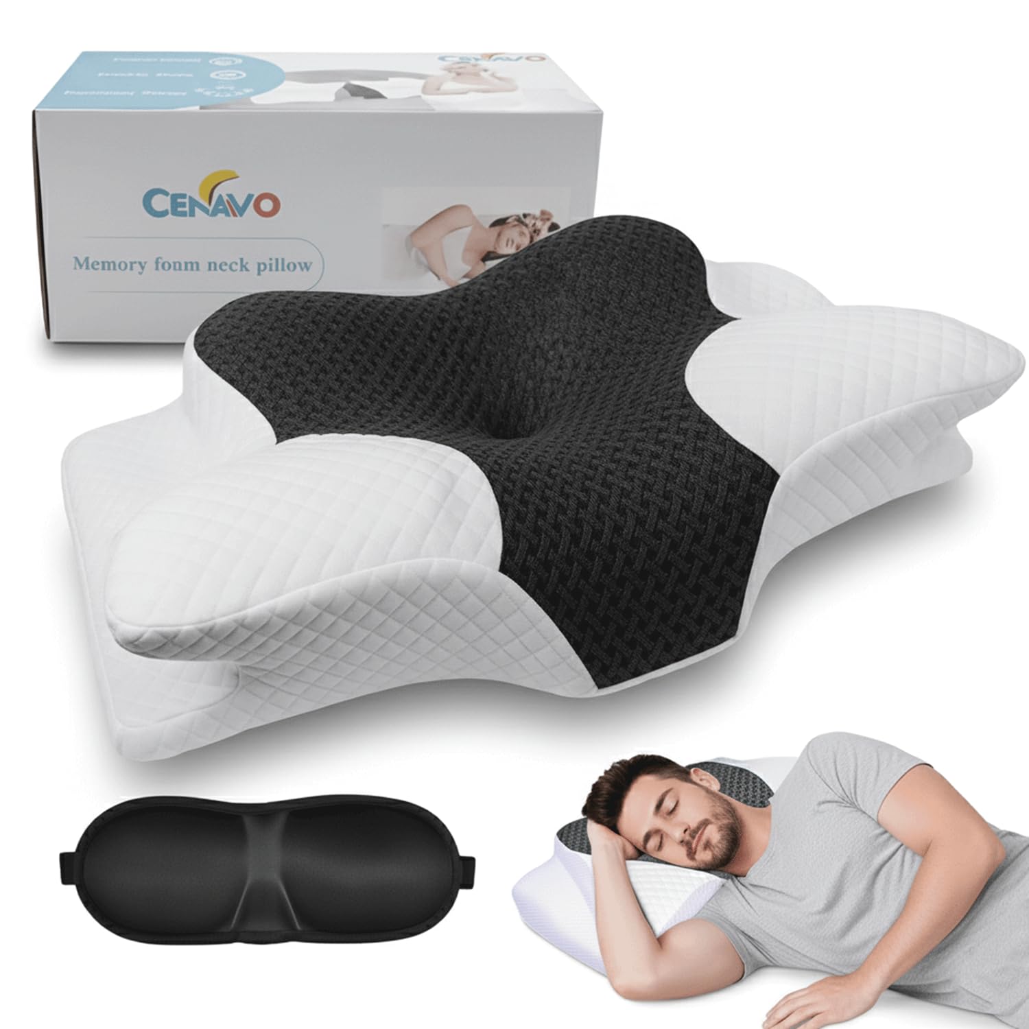 Cuscino Cervicale Ortopedico per Dormire, Memory Foam Ergonomico con Supporto per Collo, Cuscino con Mascherina per Dormire in Omaggio, Guanciale Cervicale con Federa Sfoderabile e Lavabile