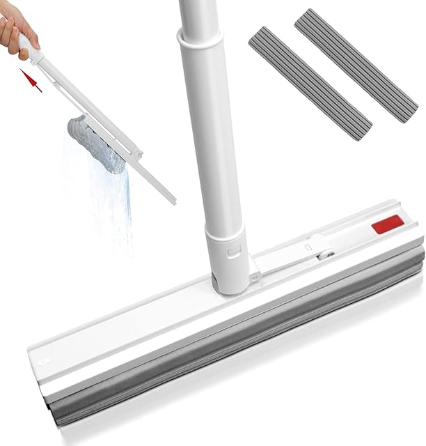 Midyb Sponge Mop, Adjustable Floor Sponge Mops with 2 Super Absorbent Heads, 135cm Long Self-Wringing Flat Mop for Cleaning Hardwood Tile Laminate Floors