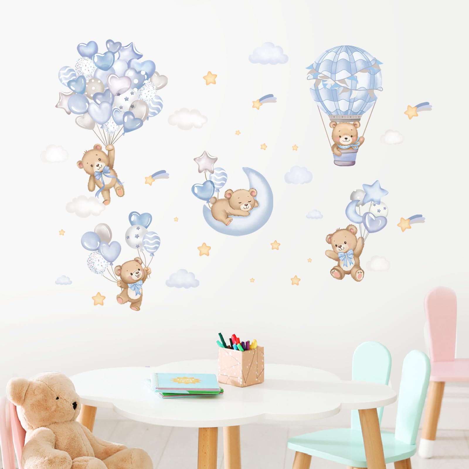 Bambini Adesivi Murali Orsetti con Blu Mongolfiera Stelle Adesivi da Parete Acuarello Stickers Murali Removibili per Decorazione Parete Soggiorno Cameretta Neonati