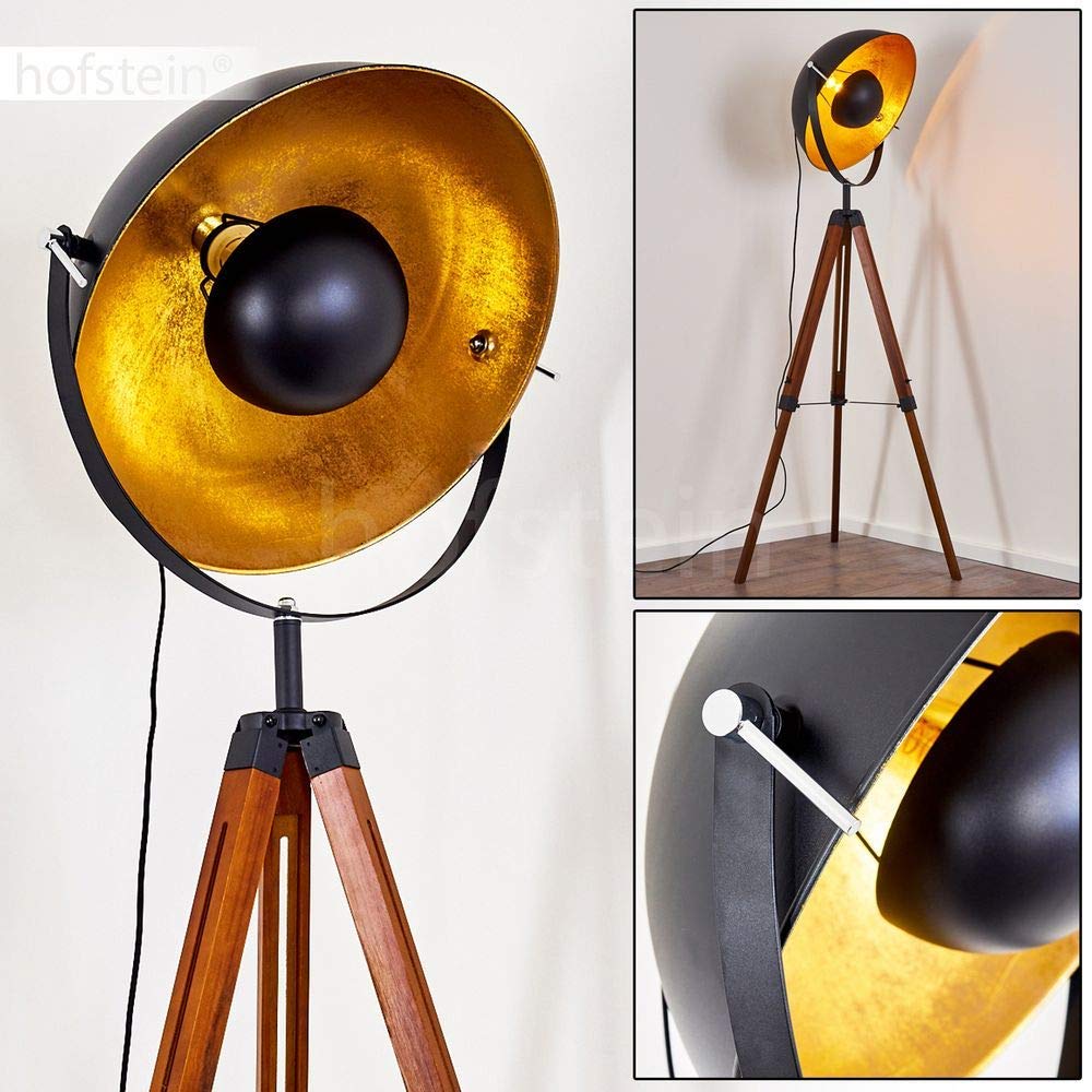 Lampada da terra Jupiter, lampada da terra vintage in nero/oro in metallo con montatura in legno, Ø 55 cm, attacco E27, lampada da terra regolabile in stile retro-design, senza lampadina/e