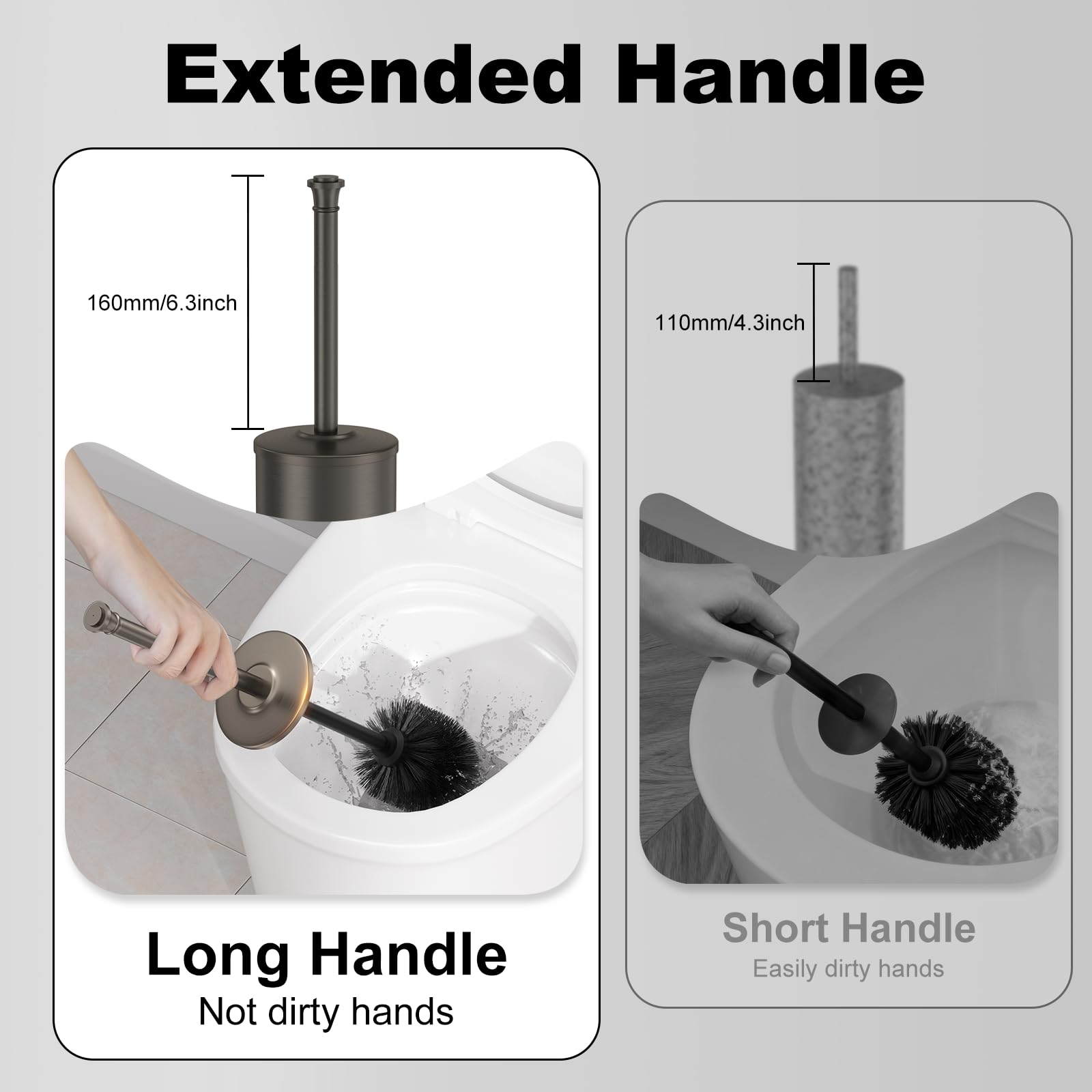 Cepillo de inodoro y soporte de peltre, cepillo de inodoro de mango extra largo para baño, cepillo de inodoro resistente de acero inoxidable, cuenco interior extraíble, cepillo limpiador de cerdas