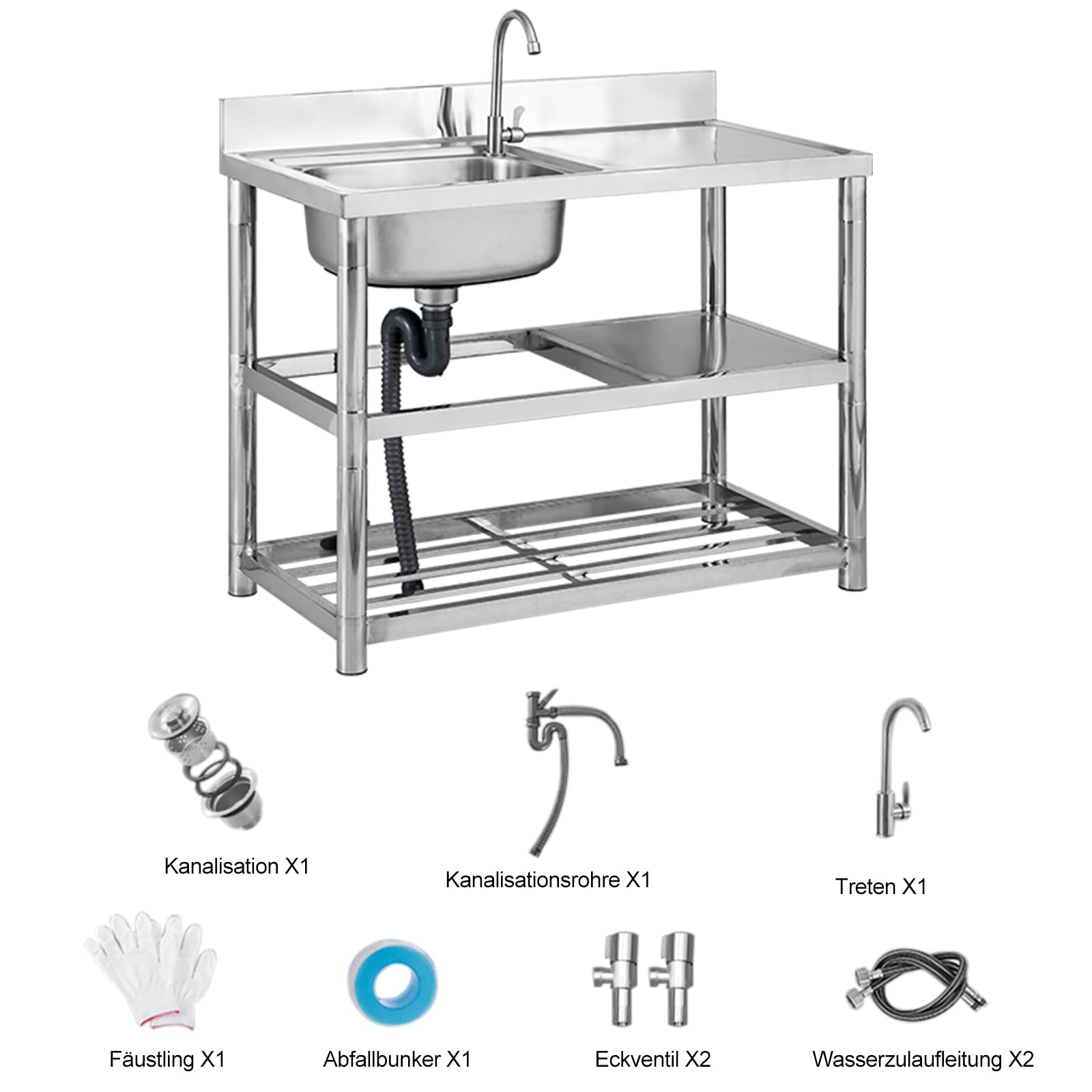 Évier sur pied en acier inoxydable avec 1 bac (gauche) 80 x 50 x 80 cm - Évier commercial avec conduite d'eau chaude et froide - Robinet et bonde - Pour extérieur, intérieur, cuisine, salle à