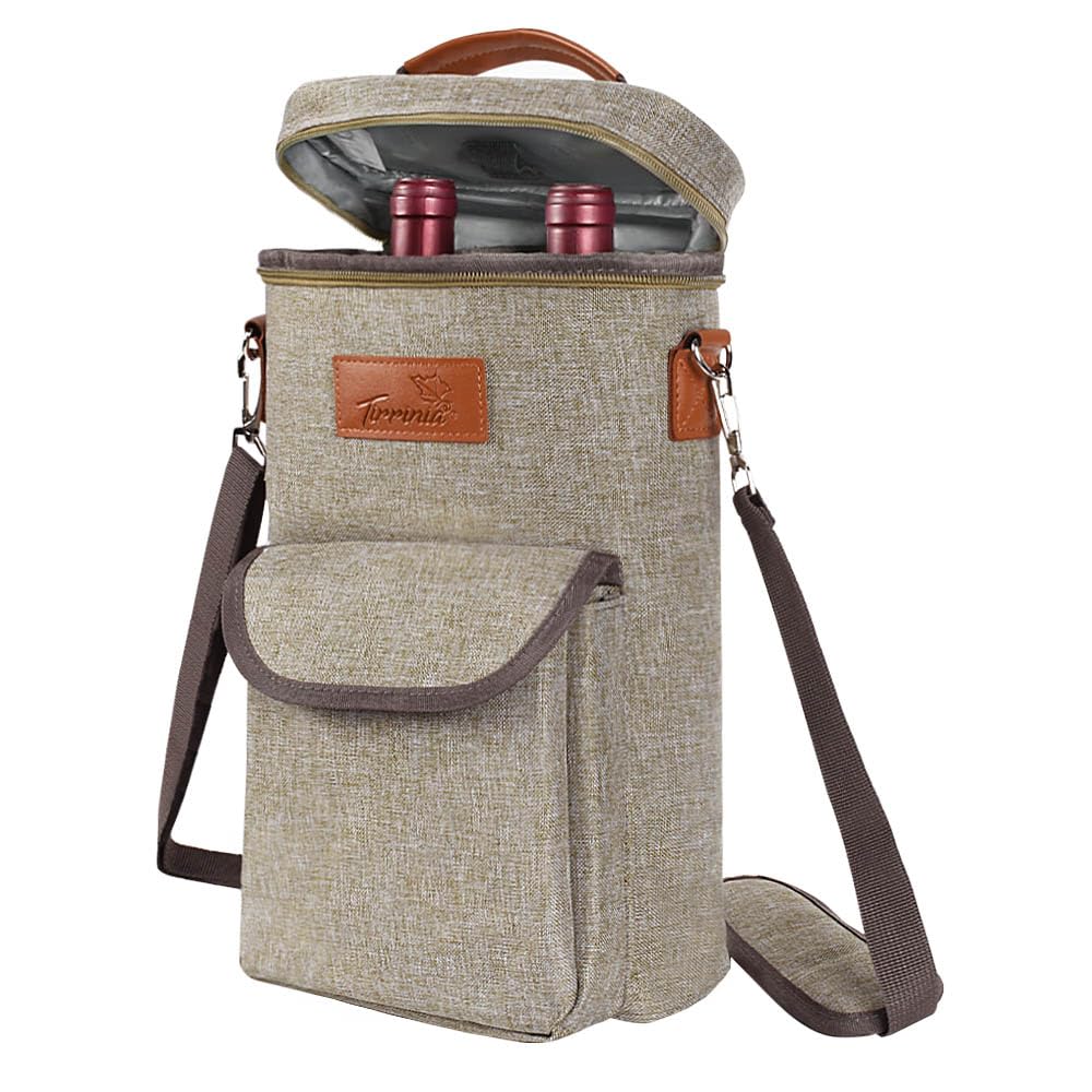 Kato Tirrinia Insulated Wine Cooler Bag Leakproof Padded Portable Wine Carrier with Shoulder Strap 2 Bottle Wine Bag for Camping Travel Beach Picnic Wine Lovers Gift Grey โ image 1