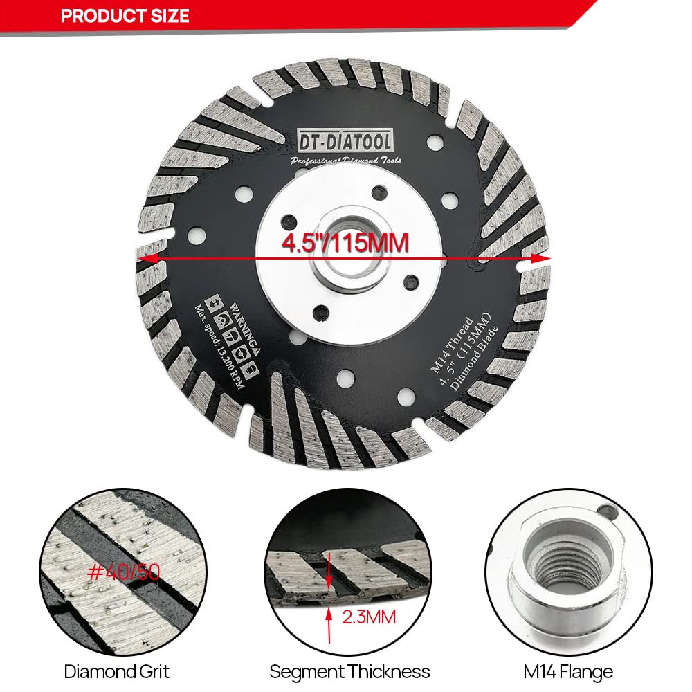 DT-DIATOOL Diamentowa tarcza tnąca turbo ze skośnymi zębami ochronnymi, 5 szt., tarcza tnąca 115 mm z gwintem M14 do płytek betonowych, granitu, marmuru, muru