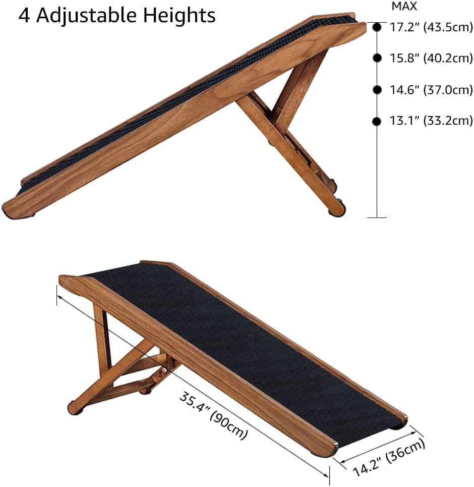 beeNbkks Pet Ramp for Small Dogs Cats, Foldable Wooden Dog Ramp with Safe Landing Platform and Non-Slip Traction Rubber Mat, 4 Adjustable Heights, for Elderly Injured Pet to Reach Couch Sofa High Bed