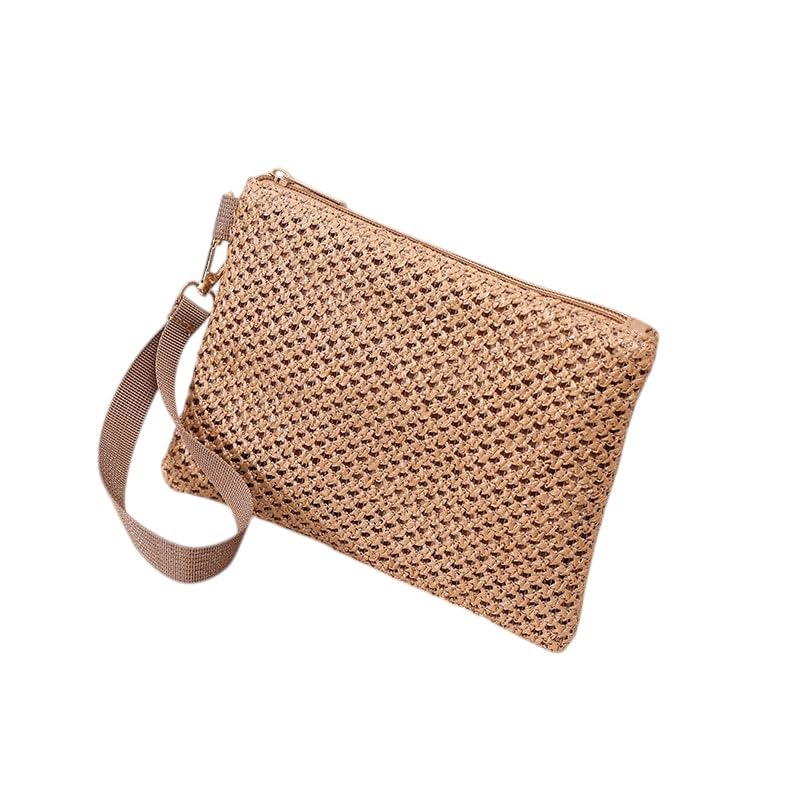Bolsa clutch de palha para mulheres, bolsa de mão de palha boêmia pequena bolsa de praia de verão carteira de pulso com zíper bolsa pequena carteira, Café