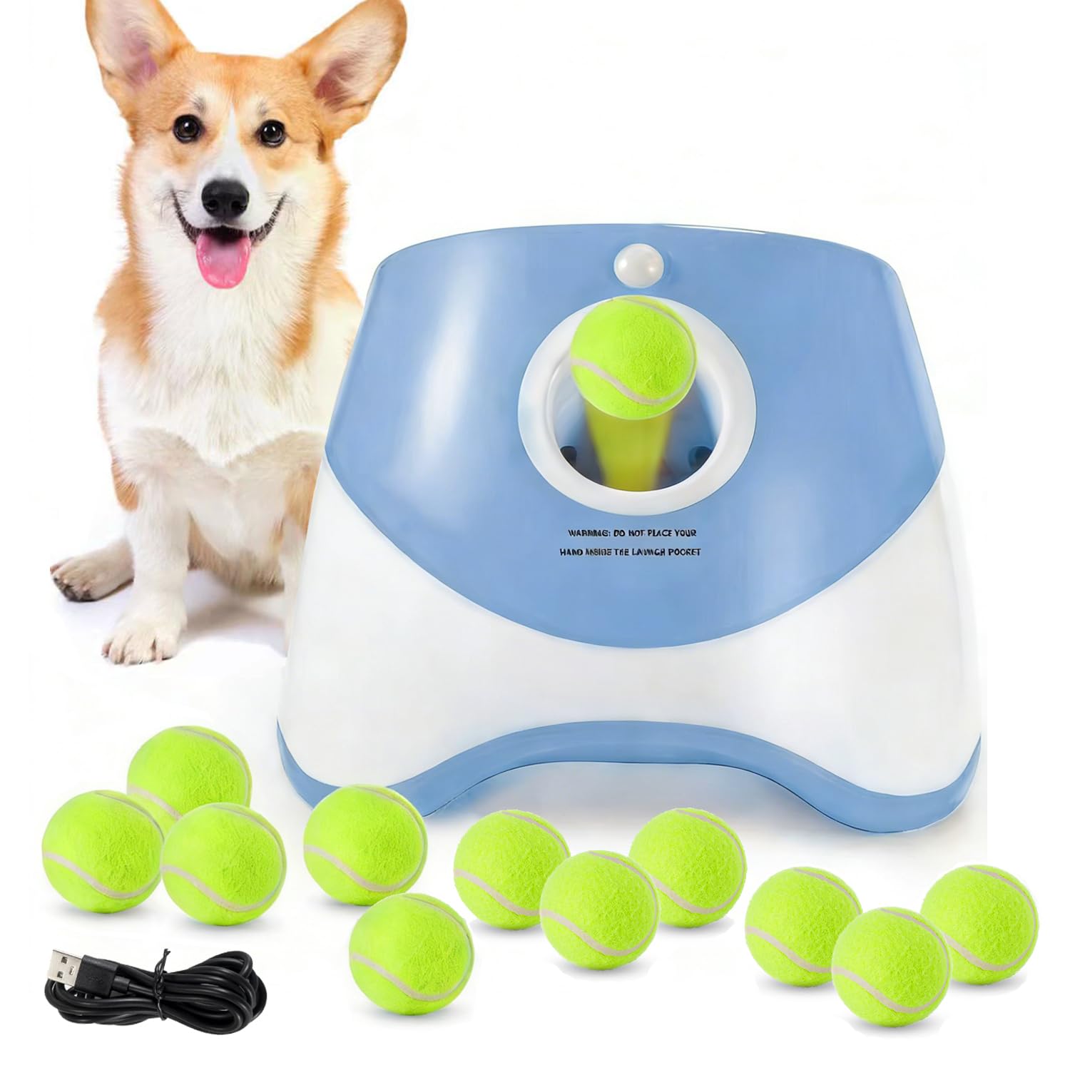 Lanzador de pelotas para perros con 12 pelotas de tenis, lanzador automático de pelotas de perro para interiores y exteriores, 3 distancias ajustables de 10 a 30 pies, máquina interactiva de