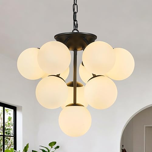 Lámpara colgante de globo de 10 luces, iluminación colgante de mediados de siglo, moderna lámpara Sputnik negra para comedor, luces colgantes para