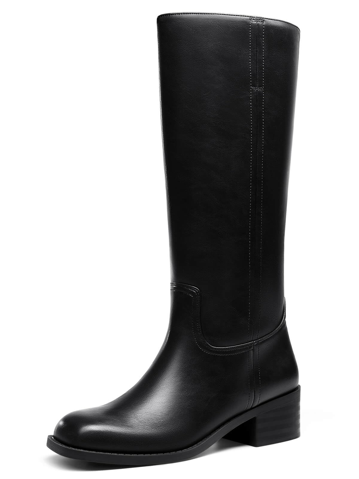 Coutgo Womens Knee High Boots Square Toe Chunky Block Heel Tall Boots Comfortable Low Heel Shoes