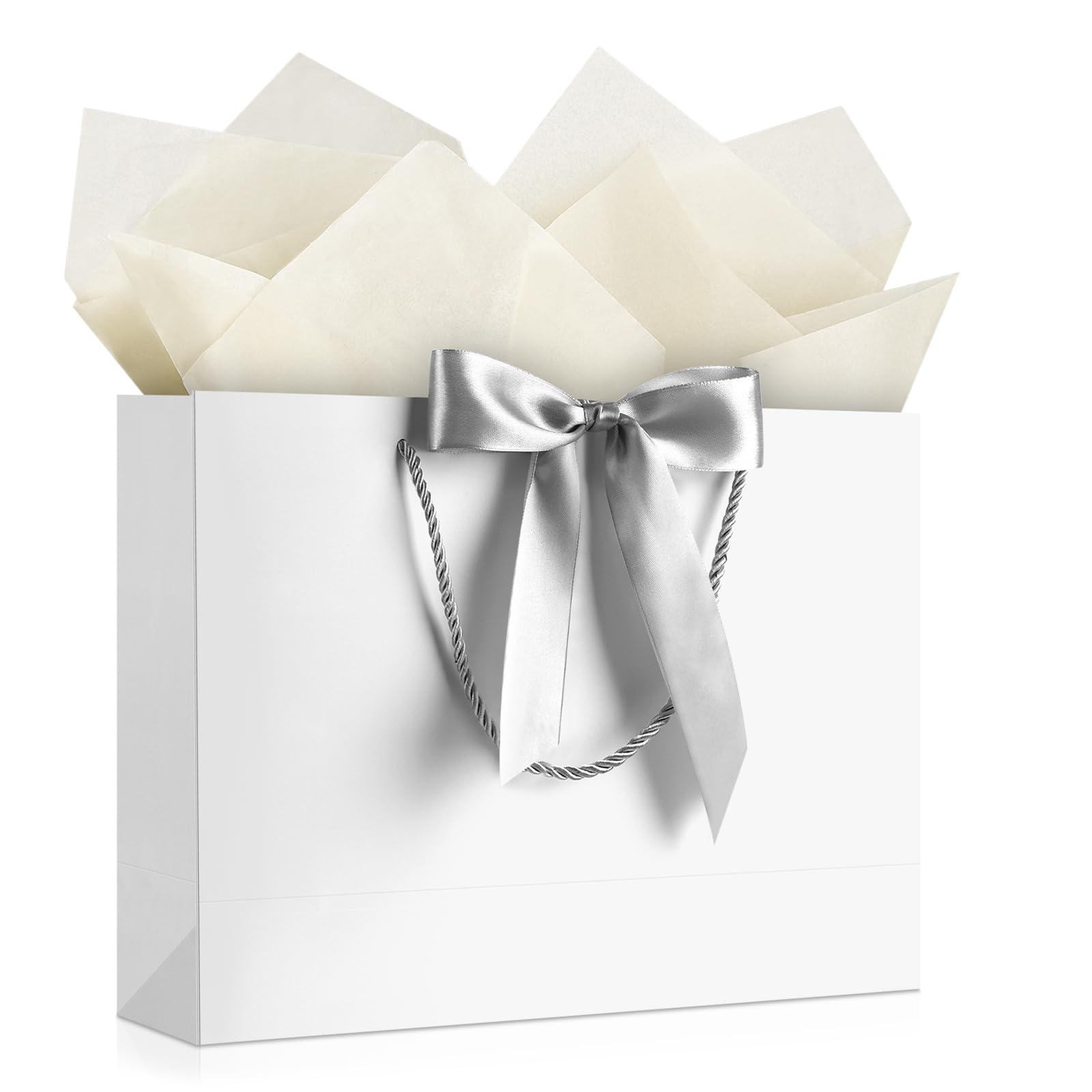 YoungTree 1PCS Large Gift Bag with Ribbon and 1 Greeting Card 2 Tissue Papers,Paper Gift Bag with Handles, Birthday Gift Bags,Present Bags for Wedding Party,Mothers Day.12.6" x 9.8" x 4.3"white — image 1