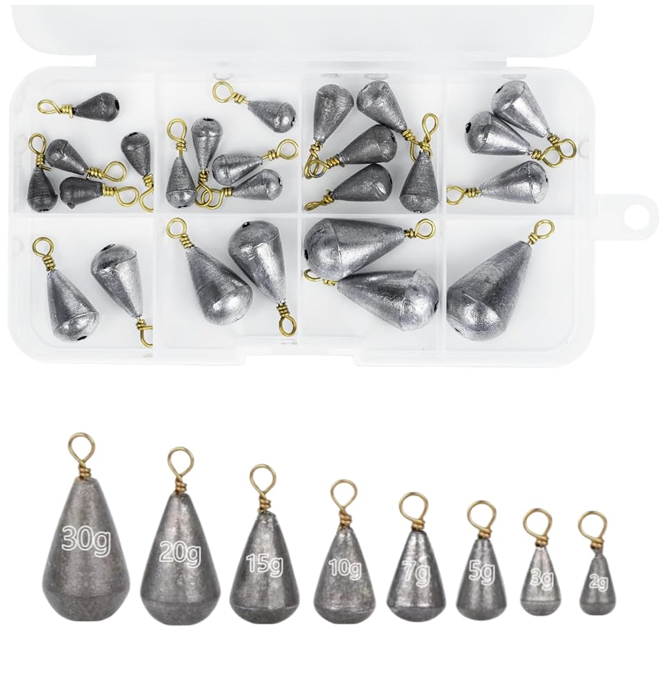 25Pcs Fishing Weights, Mixed 8 Sizes Deep Sea Fishing Weights 2g 3g 5g 7g 10g 15g 20g 30g Iron Fishing Sinkers Tackle Kit with Swivel for River Saltwater Freshwater