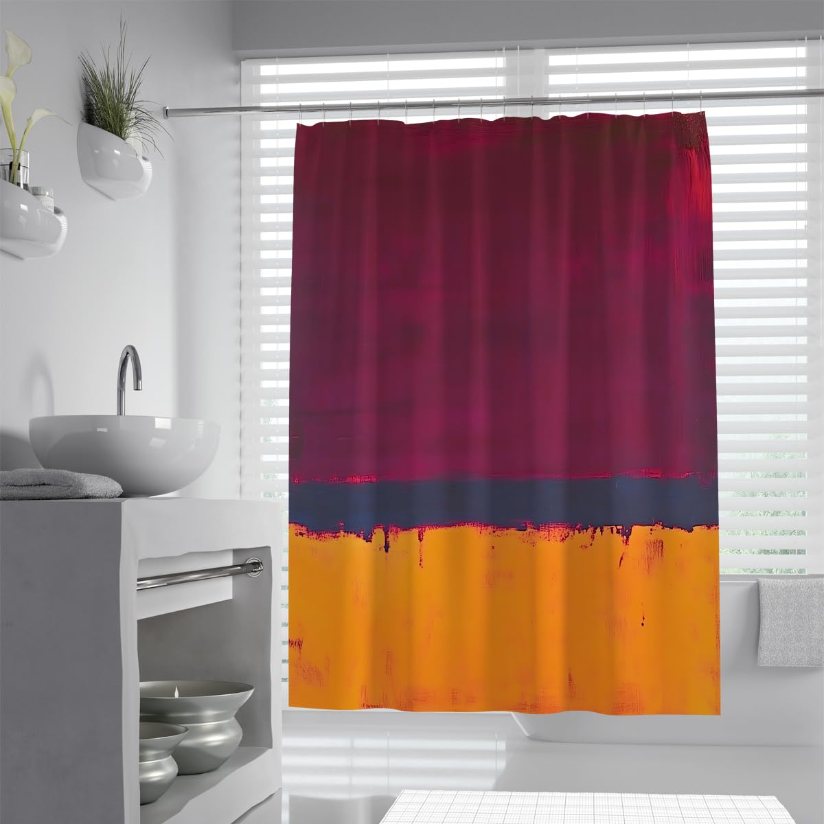 OLLIAR Home Abstract Color Block Waterproof Shower Curtain Red Yellow Washable Bath Curtain with Hooks Modern Watercolor Bathroom Curtains Sets 180x220cm
