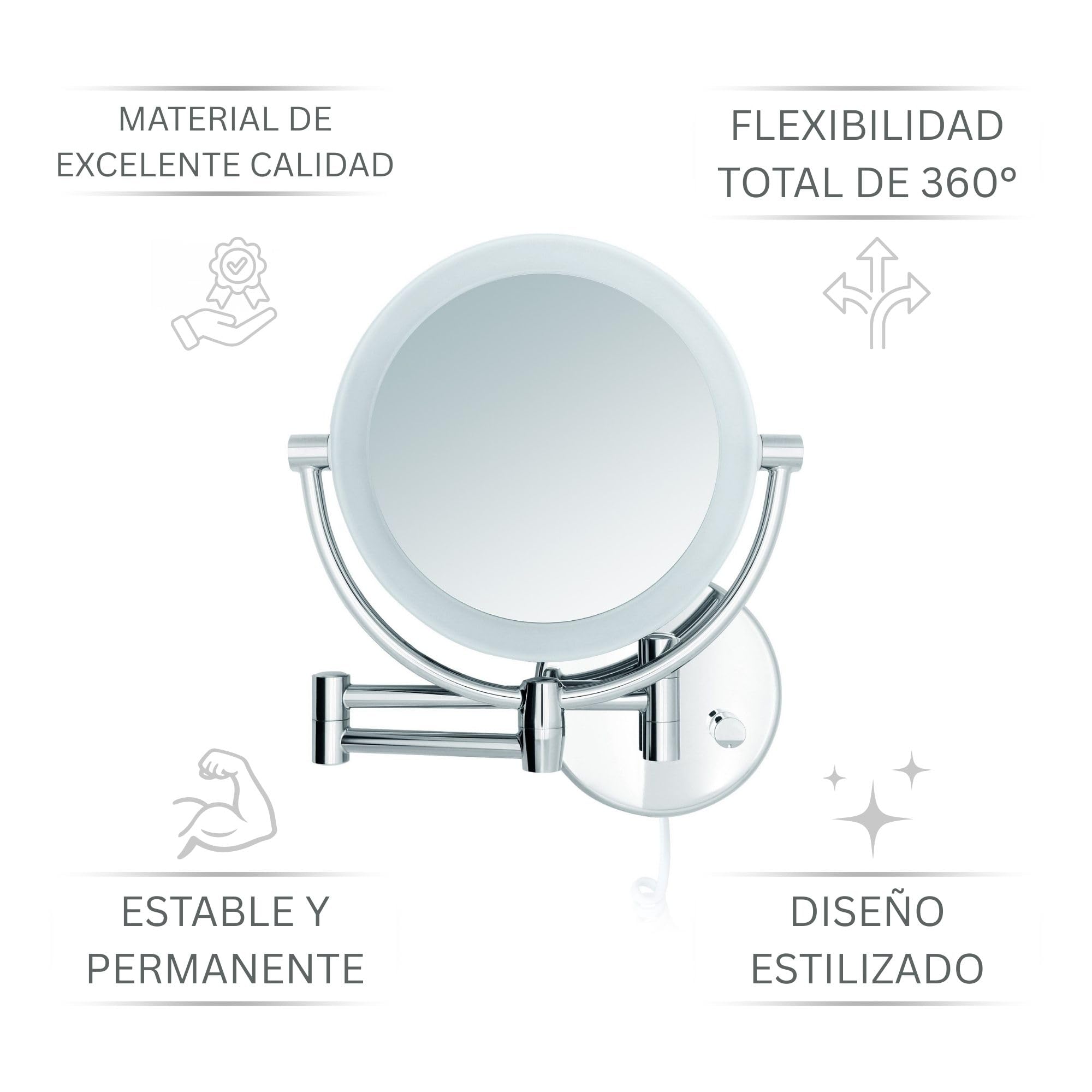 Modena Espejo de Aumento de Pared con LED – Espejo de Maquillaje Giratorio 360° con Atenuador, Luz Natural e Ingrandimento 5x/10x