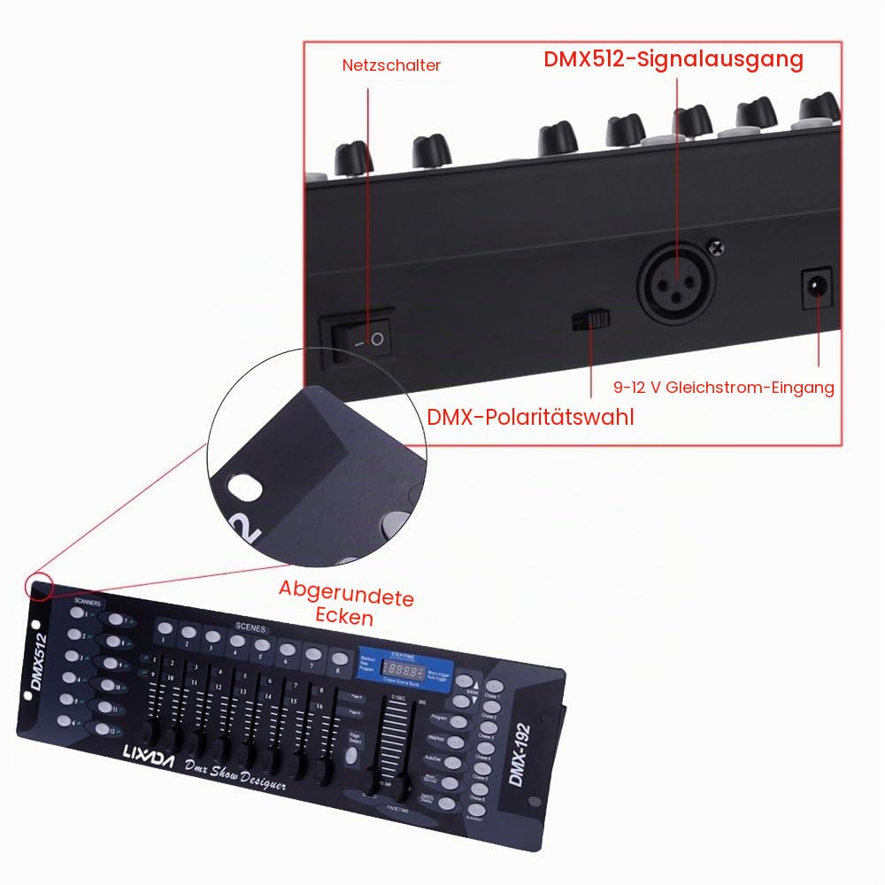 Lixada DMX-Controller, Lixada DMX 512-Konsole, Bedienfeld 192 Kanäle für Bühnenlampe, Moving Head, DJ, Club, Party