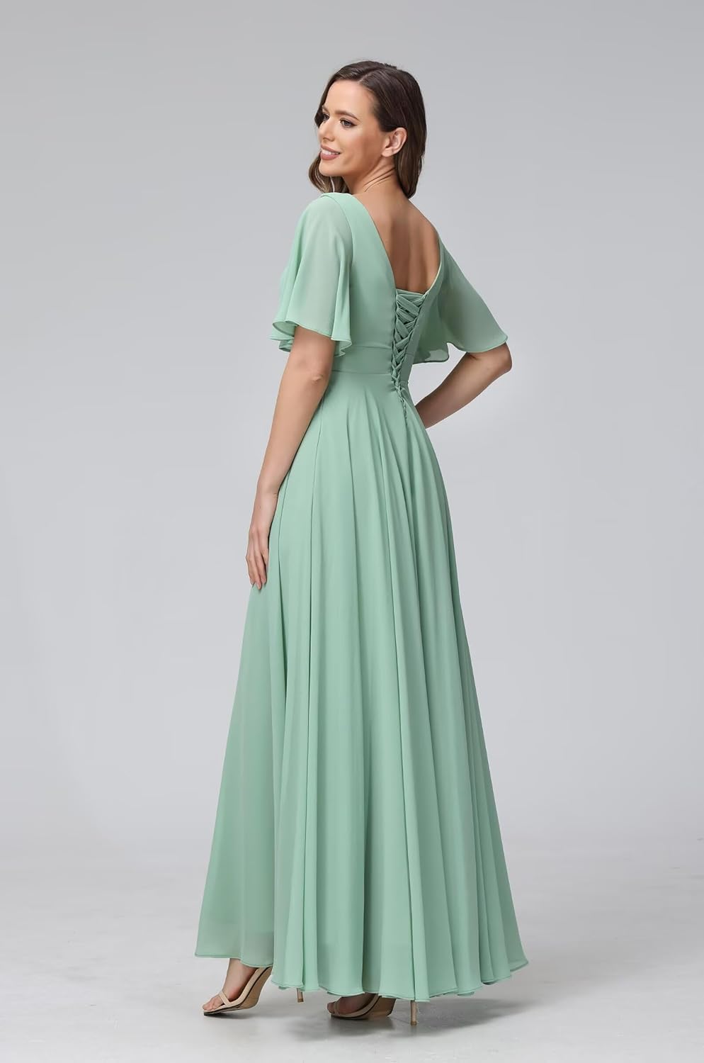 Flutter Sleeves Bridesmaid Dresses Square Neck Chiffon Maxi Dress A Line Formal Dress with Pocket ZU022