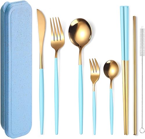 Miniatura 141 de AARainbow Juego de cubiertos de acero inoxidable de 8 piezas, portátil, reutilizable, juego de utensilios de viaje, incluye palillos, cuchillo