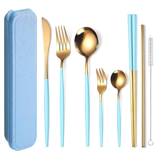AARainbow 8 Pieces Stainless Steel Flatware Set Portable Reusable Cutlery Set Travel Utensils Set Including Chopsticks Knife Fork Spoon Straws Cleaning Brush Dishwasher Safe (Light blue Golden)