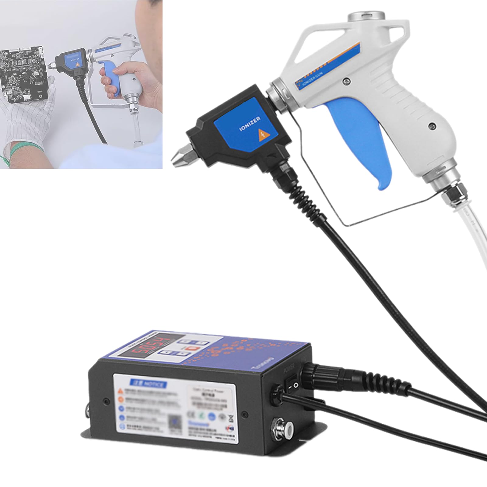 Pistola ionizadora antiestática, pistola de aire ionizante de mano para extracción estática industrial, fuente de alimentación de 6 KV, velocidad de desactivación ≤1.0S