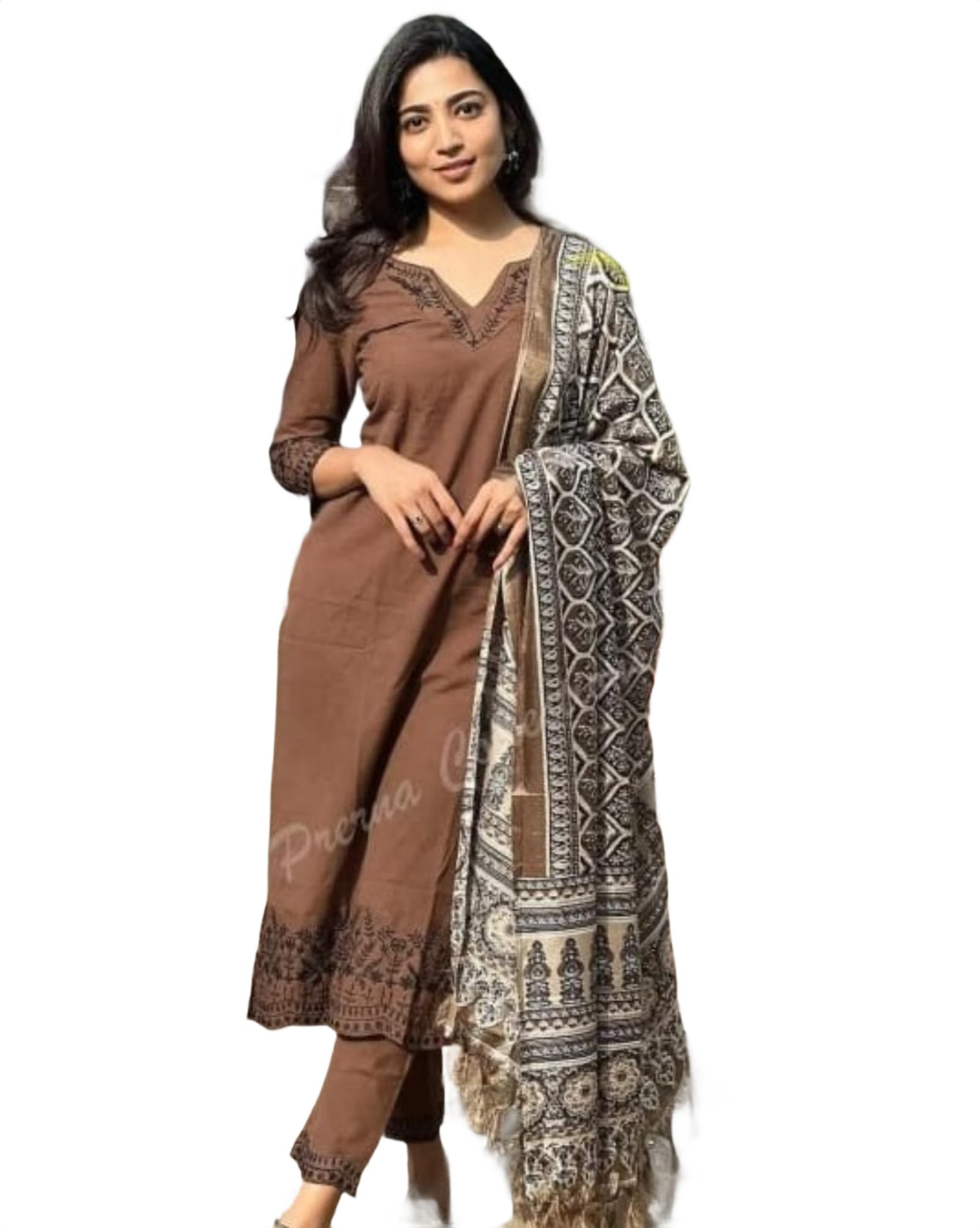 Women's Embroidered Pattern Linen Cotton Kurta Pant Dupatta Set with V-Neck 3/4 Sleeve Calf Length and Pull On Closure Type | Women Cotton Kurta Set | Women Kurtas & Kurtis-image-2
