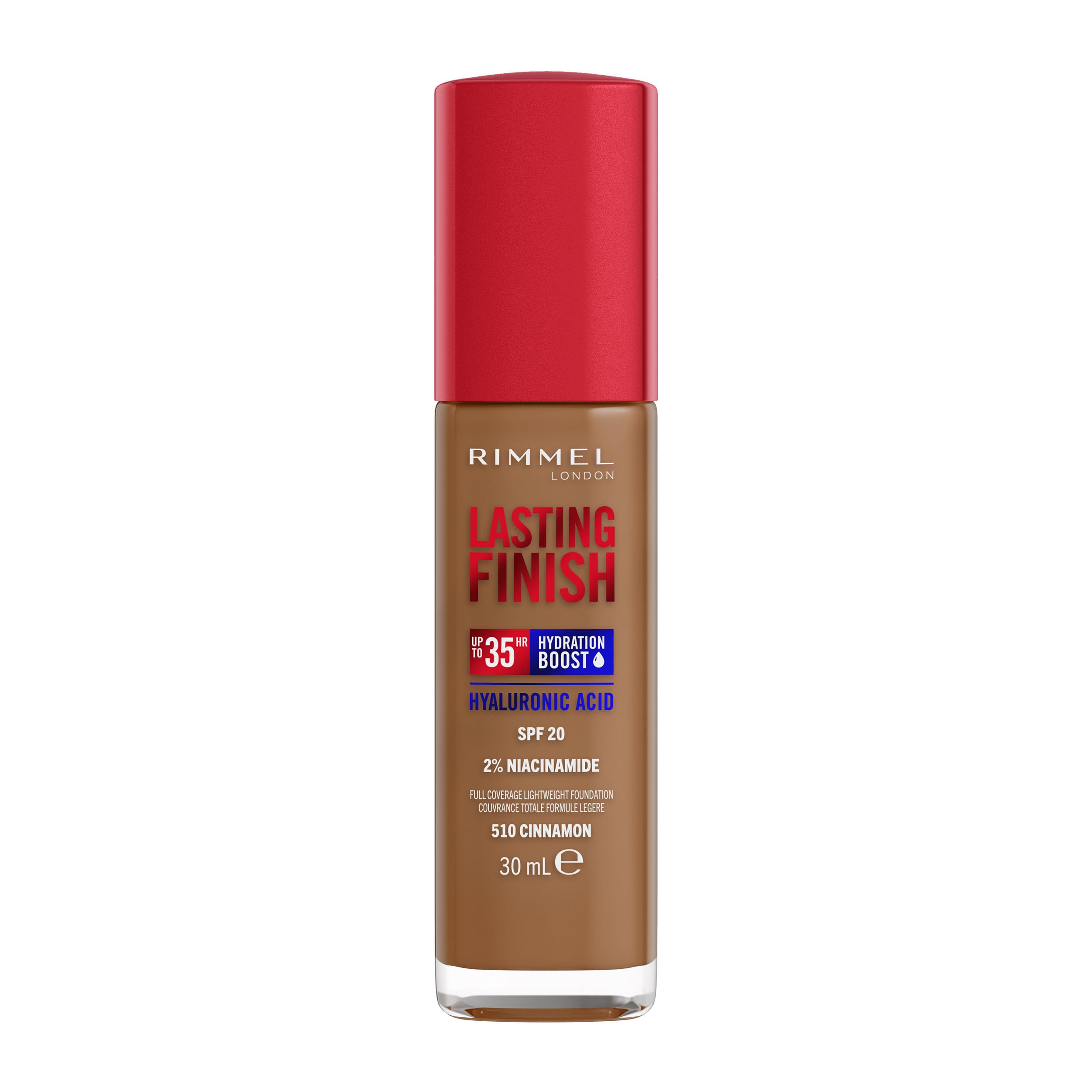 Rimmel Lasting Finish 35Hr Foundation 510 Cinnamon, Full Coverage, Hydrating, SPF20, Hyaluronic Acid, Vitamin E, 2% Niacinamide, All Day Wear, Vegan, Cruelty Free