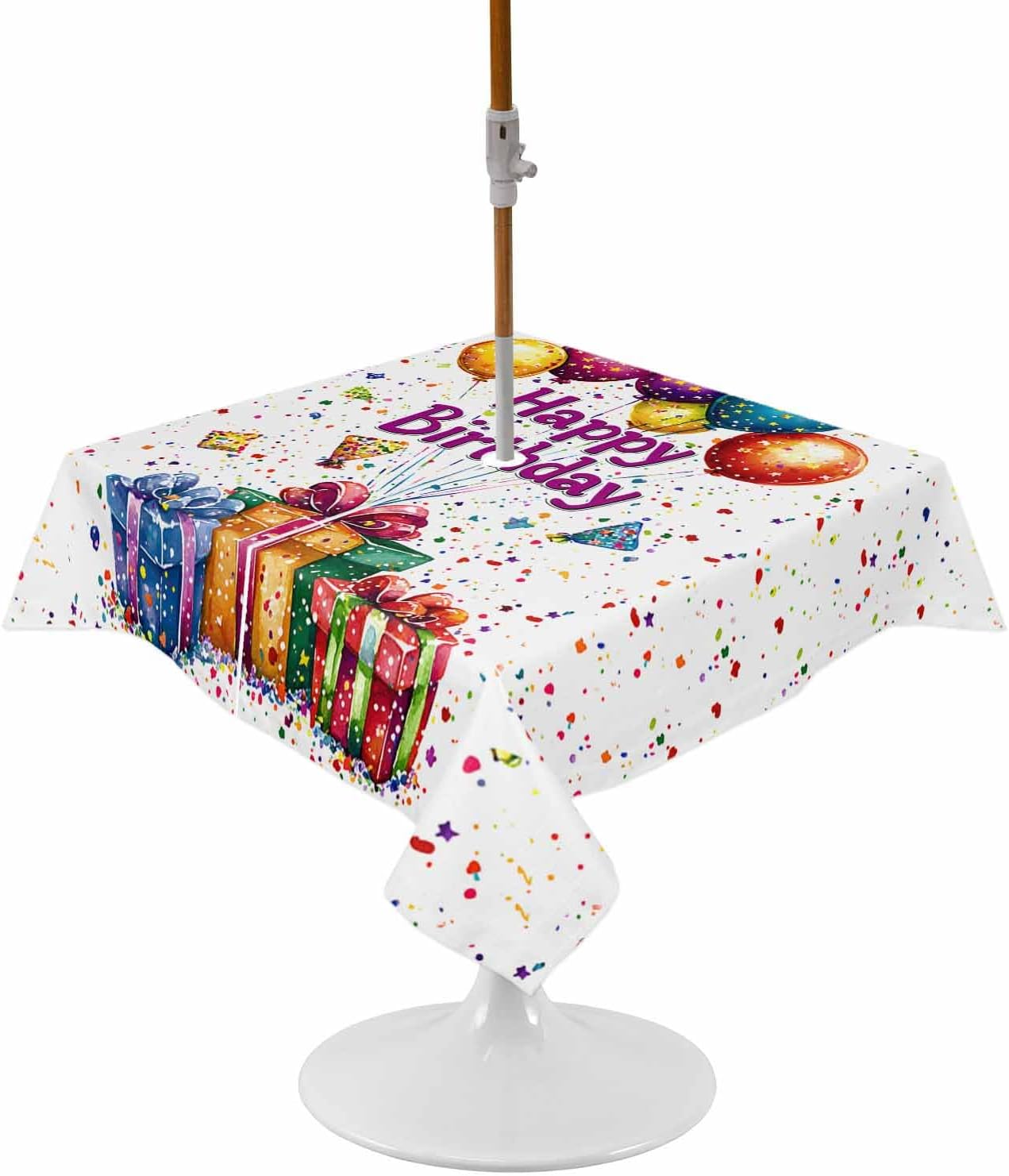 Happy Birthday Balloon Present Outdoor Square Tablecloth Zippered Table Cover with Umbrella Hole,Celebration Party Ribbons Waterproof Table Cloths for Patio Garden Picnic Tables,54x54in