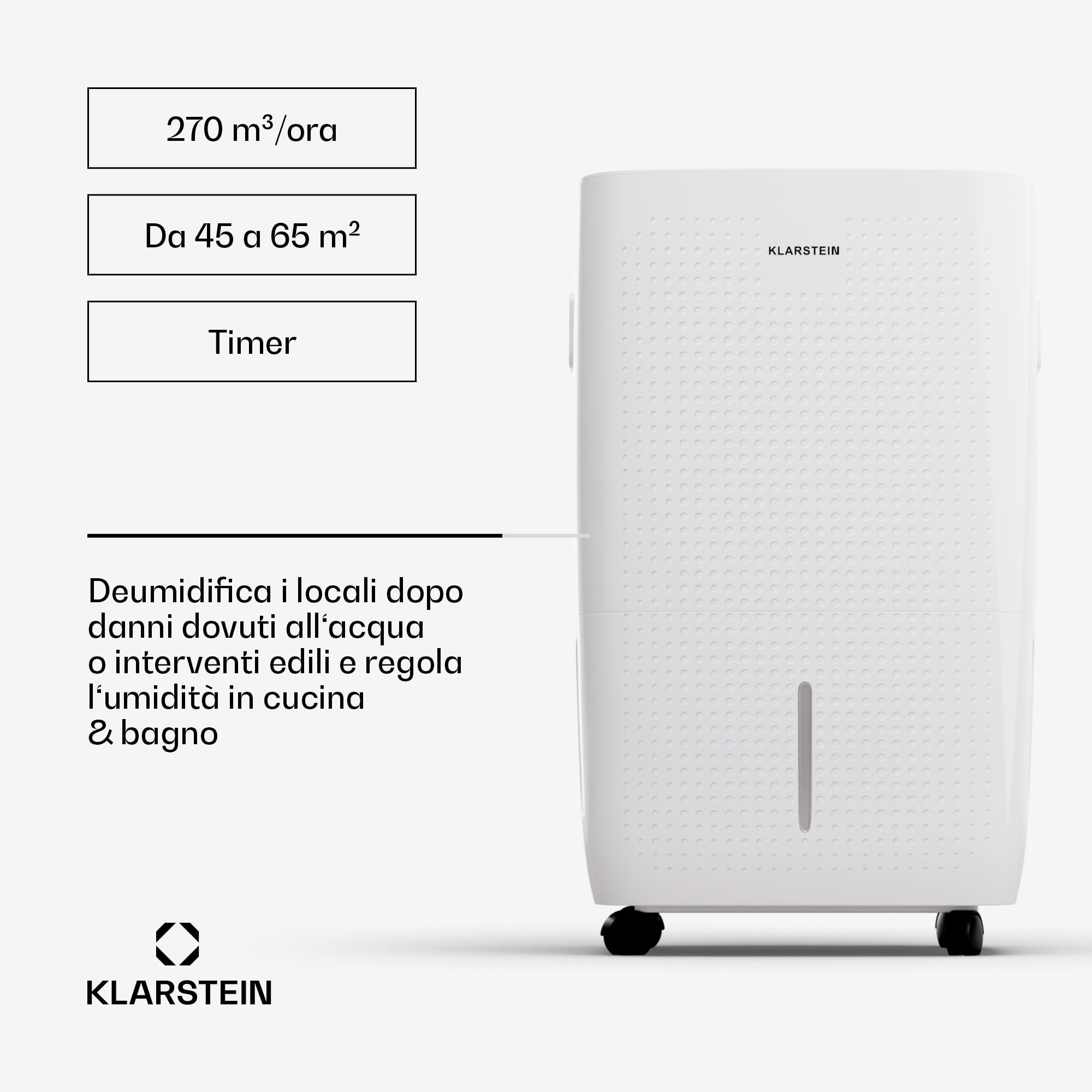 Klarstein DryFy Connect 60L Deumidificatore WiFi, 60L/24h, Serbatoio 8L, Timer 24h, Controllo App, Portatile per Casa 45-65m², Bagno, Camera da Letto, Deumidificazione Automatica, Bianco