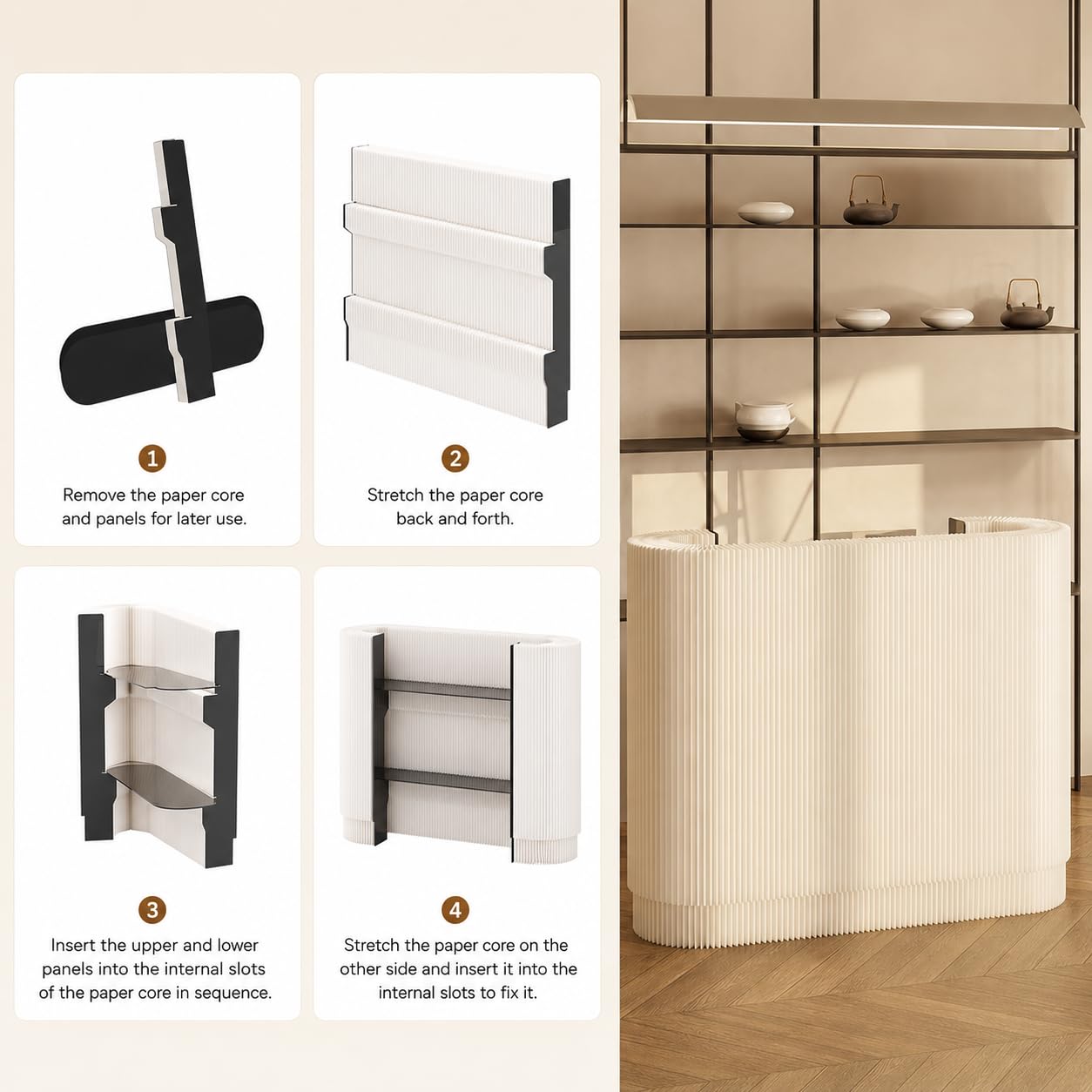 Moderno banco di ricezione curvo, bianco, banco cassa portatile per negozi, hotel, bar, mostre artigianali e piccoli spazi