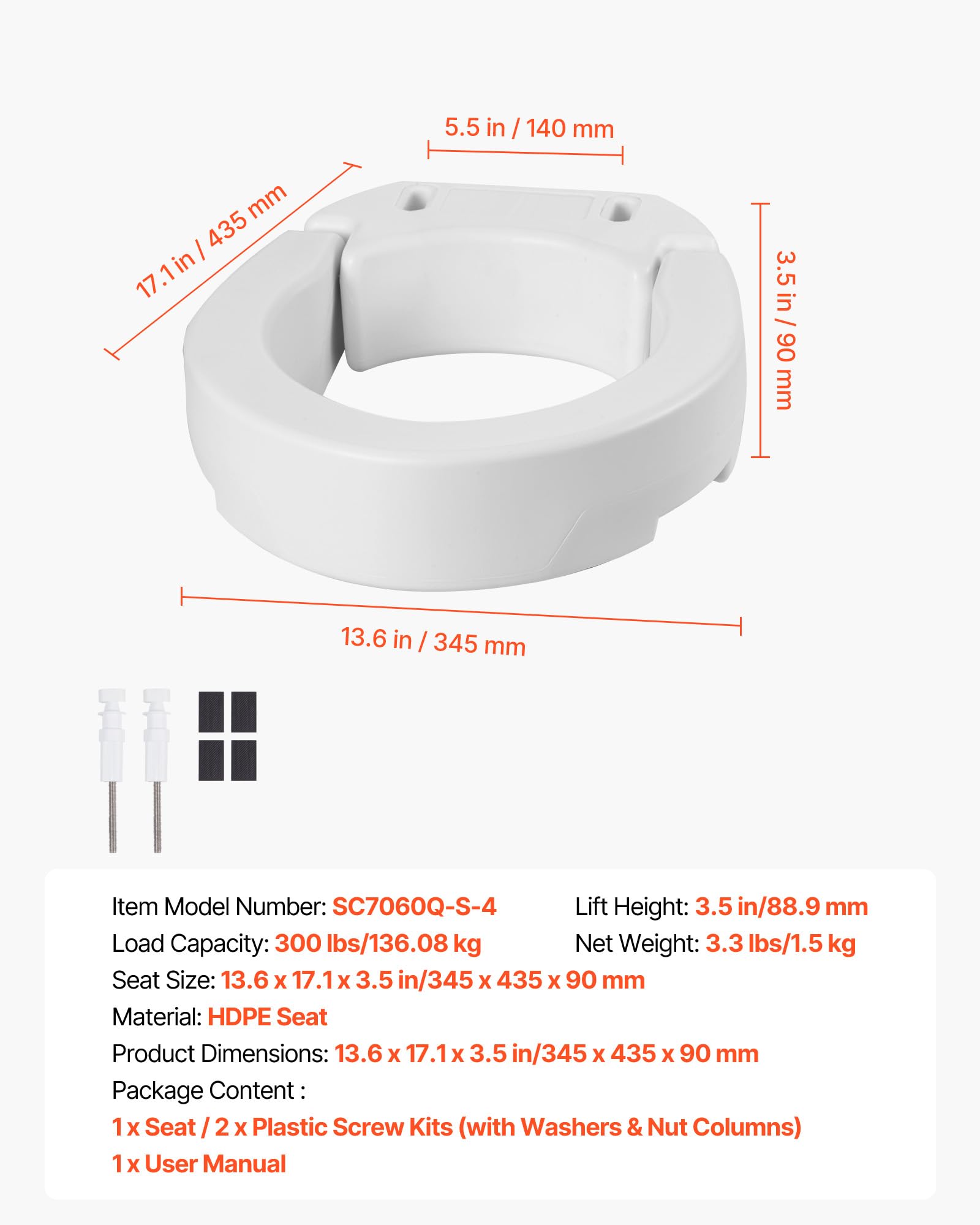 VEVOR Podwyższona deska sedesowa o nośności 136 kg i wysokości podnoszenia 88,9 mm, uniwersalna podniesiona deska sedesowa HDPE z rozszerzonym otworem dla osób starszych niepełnosprawnych